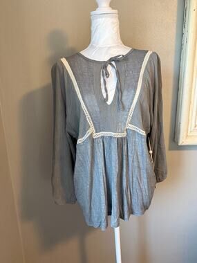 C.A.S.L.O.N. Crochet Grey Boho Peasant Top Womens XS